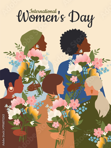 International Women's Day. Women of different nationalities celebrate their day with bouquets of spring flowers. Vector