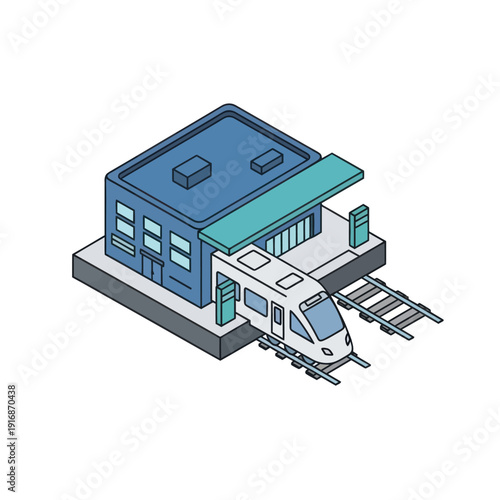 Modern Train Station with Train and Building.