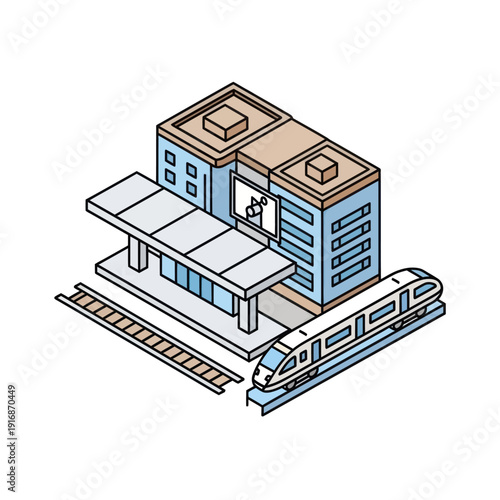 Modern Train Station with Train and Building.