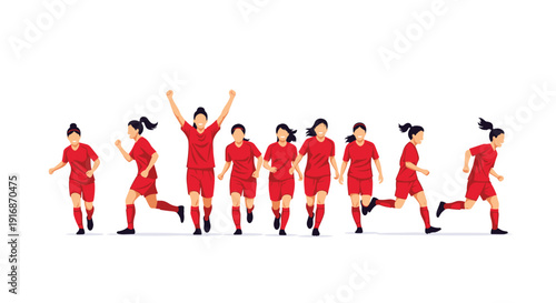 A line of female soccer players in red uniforms running and celebrating a goal on a white background.
