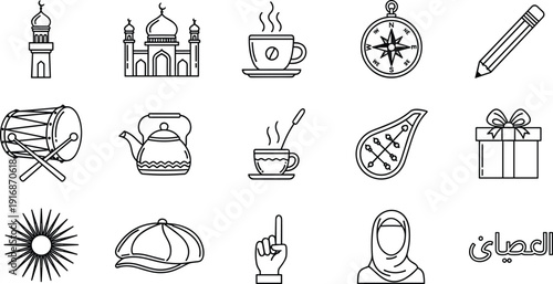 Ramadan Islamic culture icon set, mosque tea drum gift compass hijab Arabic symbols, Muslim festival vector line illustration collection
