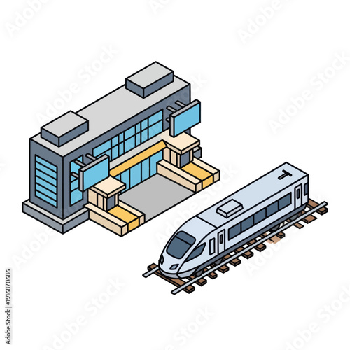 Modern Train Station with Silver Train.