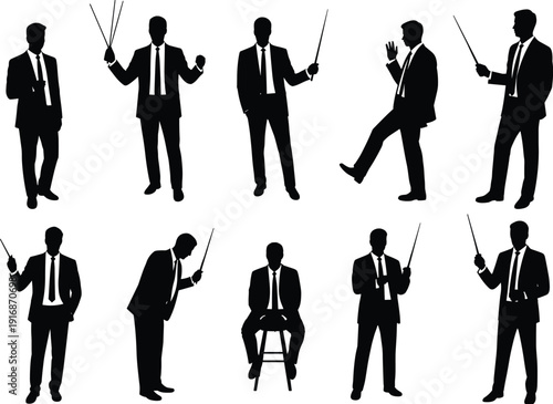 Silhouettes of men in suits conducting with batons in various poses ties