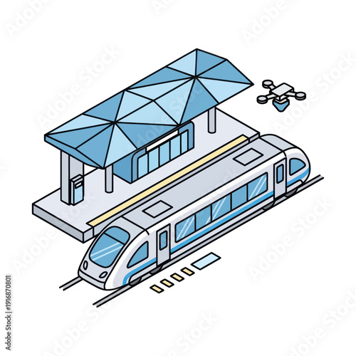 Modern Train Station with Train and Drone.