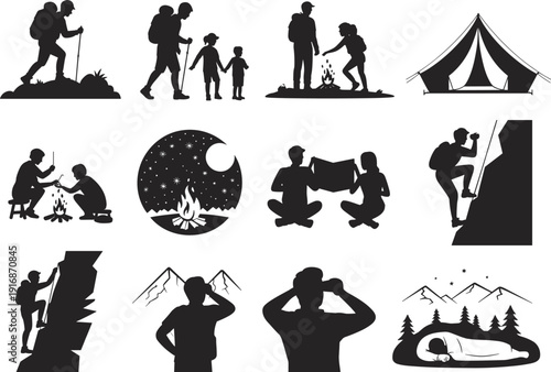 Silhouettes of people engaging in various outdoor activities and nature scenes hiking camping tent
