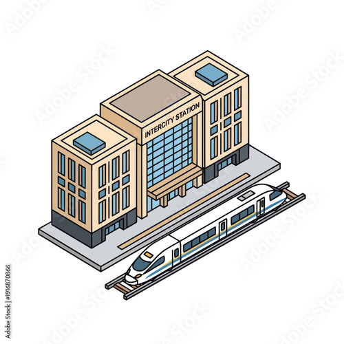 Isometric Train Station Building with Monorail.