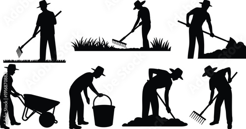 Silhouettes of people performing various gardening and construction tasks with tools and equipment