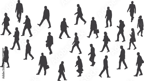 Walking business people silhouettes set, men and women office workers in different poses, black isolated commuter crowd figures, corporate lifestyle illustration on white background.