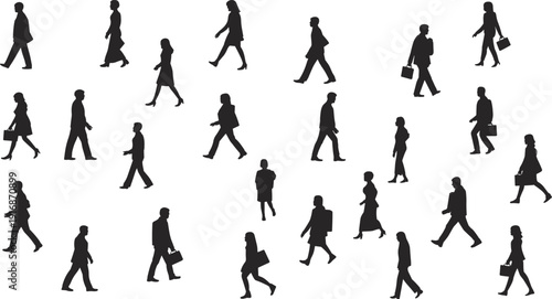 Walking business people silhouettes collection, men and women office workers carrying bags in different poses, black isolated commuter crowd figures on white background.