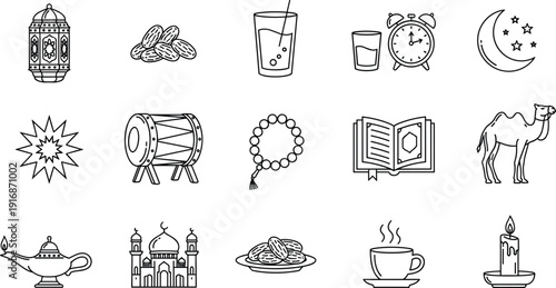 Ramadan islamic icon collection, lantern dates drink clock crescent mosque quran camel drum candle, iftar symbols, arabic line art vector