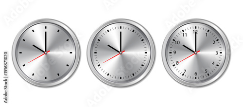 Realistic Silver Wall Clock Set. Modern Analog Timepiece Collection with Detailed Dial Variations, Classic Numbered Clock Face, Metal Frame Design and Clock Hands Movement Vector Illustration