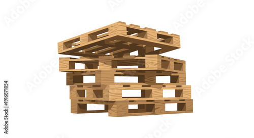 A stack of multiple empty wooden pallets for storage and shipping, arranged unevenly on a white background.