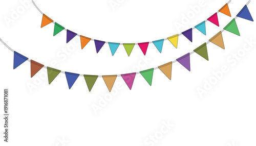 Colorful bunting flags strung on twine, festive decoration for parties, celebrations, and events