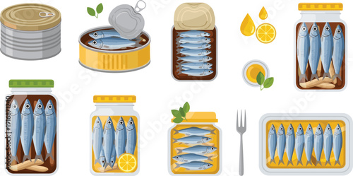 Canned Fish Vector Set with Sardines in Tin Glass Jar and Preserved Seafood for Grocery Food Packaging Design