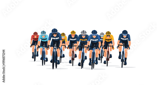 A large group of male cyclists wearing colorful uniforms and helmets riding bicycles in a tight pack on a road.