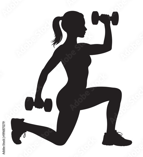 Silhouette of Woman Exercising, Fitness Lunge with Dumbbells, Gym Workout and Exercise Vector