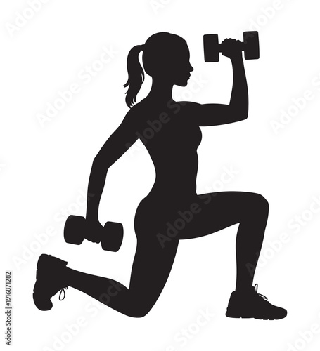 Silhouette of Woman Exercising, Dumbbell Lunge Pose, Strength Training and Active Lifestyle Illustration