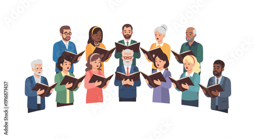 A diverse group of men and women of various ages singing together from songbooks in a choir formation.