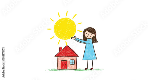 Family Warmth Concept – Minimalist Child Crayon Drawing of Woman Holding Sun Above House