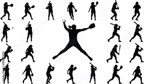 Softball Player Silhouette Vector Set, Female Baseball Batter, Pitcher and Fielder Action Poses Collection Isolated in Black for Sports Design