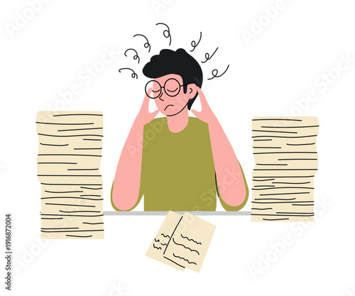 Young man sits at table and holds head with hands. Fatigue from work with huge amount of documents. Doodle vector illustration