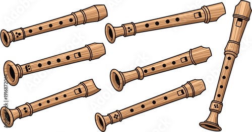 Set of vintage wooden recorder flute icons in various angles isolated on white background for musical education, classical performance, and woodwind instrument design.
