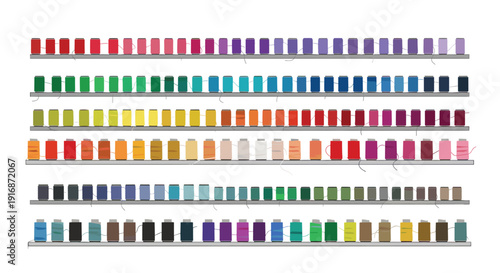 Rows of colorful thread spools in various hues neatly organized on multiple shelves against a white background.