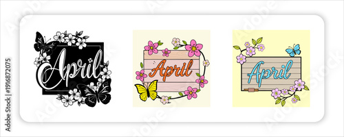 Hand-Drawn Flower with Text Labels Birth April Month Flowers with Eggs, Birds, Cartoon Bees, Flourish,  Rabbits, Script