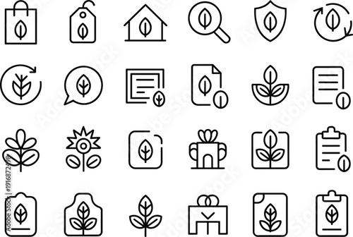 Eco friendly icons set, green leaf symbols, sustainable living, nature protection, environment conservation, organic product, recycling, eco home, plant growth, green energy
