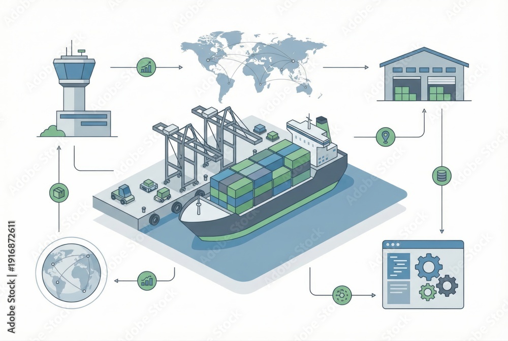 Fototapeta premium Global logistics network illustrating cargo shipping processes, featuring an infographic layout with a cargo ship, airport control tower, and interconnected data visualizations emphasizing