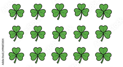 A perfectly arranged grid pattern of fifteen identical three-leaf green shamrocks on a clean white background.