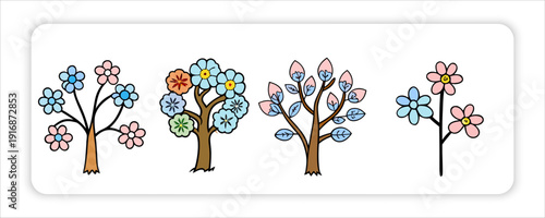 Hand-Drawn Flower with Text Labels Birth April Month Flowers with Eggs, Birds, Cartoon Bees, Flourish,  Rabbits, Script