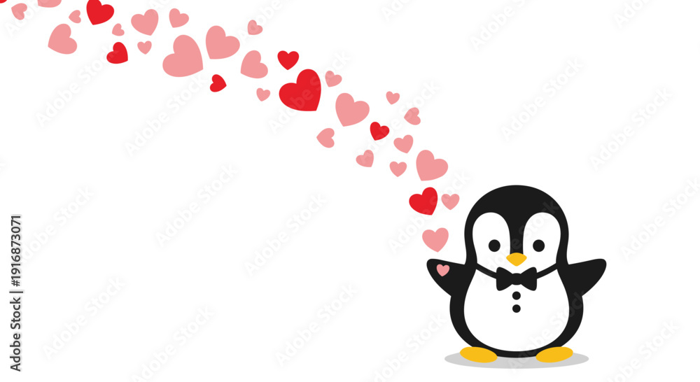 Obraz premium Adorable penguin character wearing a black bowtie with pink and red hearts flying from its outstretched wing for valentine day.