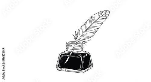 Vintage style ink bottle with a feather quill pen drawing in black and white line art isolated on a clean white background.