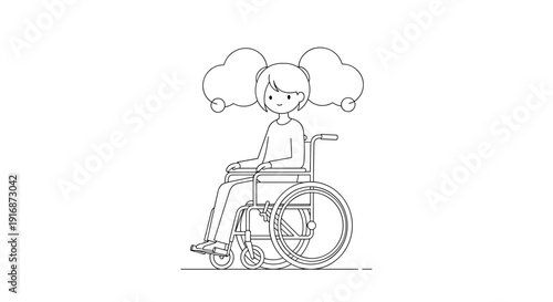 Line art illustration of a young girl sitting in a wheelchair with fluffy cloud shaped thought bubbles on white background.