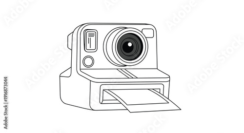 Instant photo camera line art illustration with a blank picture coming out of the slot for creative photography and craft themes.