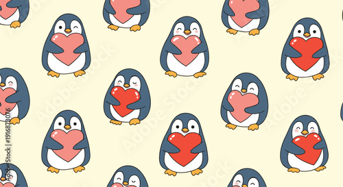 Seamless background pattern featuring cute cartoon penguins holding pink and red hearts for valentine and nursery textile designs.