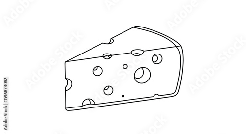 Simple line art drawing of a wedge of swiss cheese with holes isolated on a white background for culinary and food themes.