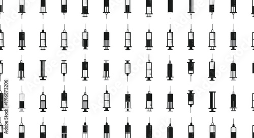 Medical syringe icons seamless pattern on white background represents healthcare equipment and vaccination concepts in minimalist design.