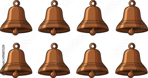 Set of vintage bronze bell icons isolated on white background for Christmas holiday decoration, notification alerts, traditional school signals, and religious celebration.