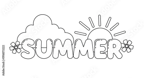 Summer word art with a sun and cloud outline provides a fun coloring page activity for kids and adults during the warm sunny holiday season.