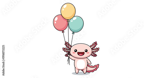 Cheerful pink axolotl character holding a bunch of colorful balloons represents a festive and whimsical celebration theme for greeting cards.