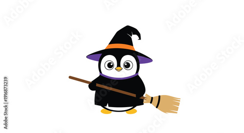 Charming penguin character dressed as a witch with a pointed hat and a broomstick captures the playful spirit of halloween and magic themes.