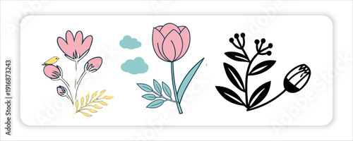 Hand-Drawn Flower with Text Labels Birth April Month Flowers with Eggs, Birds, Cartoon Bees, Flourish,  Rabbits, Script