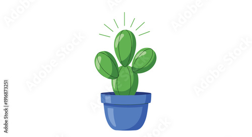 Potted cactus with round green sections and radiating lines in a blue pot offers a simple and bright botanical illustration for home decor.