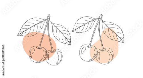 Two sets of red cherries on stems with green leaves and abstract orange shapes create a modern and stylish botanical line art illustration.