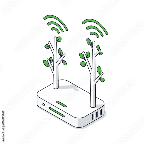 Futuristic Isometric Bio-Tech Wi-Fi Router with Tree Branch Antennas, Green Technology Concept
