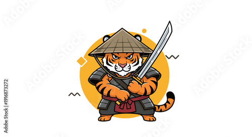 Samurai tiger character wearing traditional japanese armor and holding a katana sword represents strength and courage in a bold graphic style.