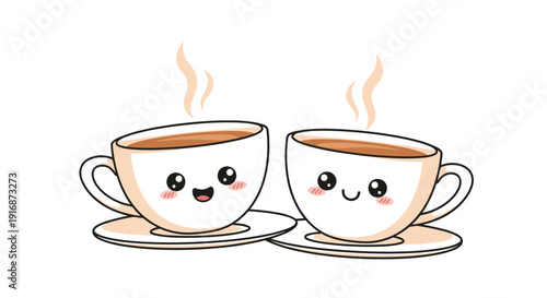 Two happy coffee cup characters clinking together with steaming hot liquid represent a cheerful and friendly morning routine or coffee break.