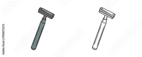 Safety razor with textured handle and metallic head shown in colored and black outline styles for shaving and grooming on white background